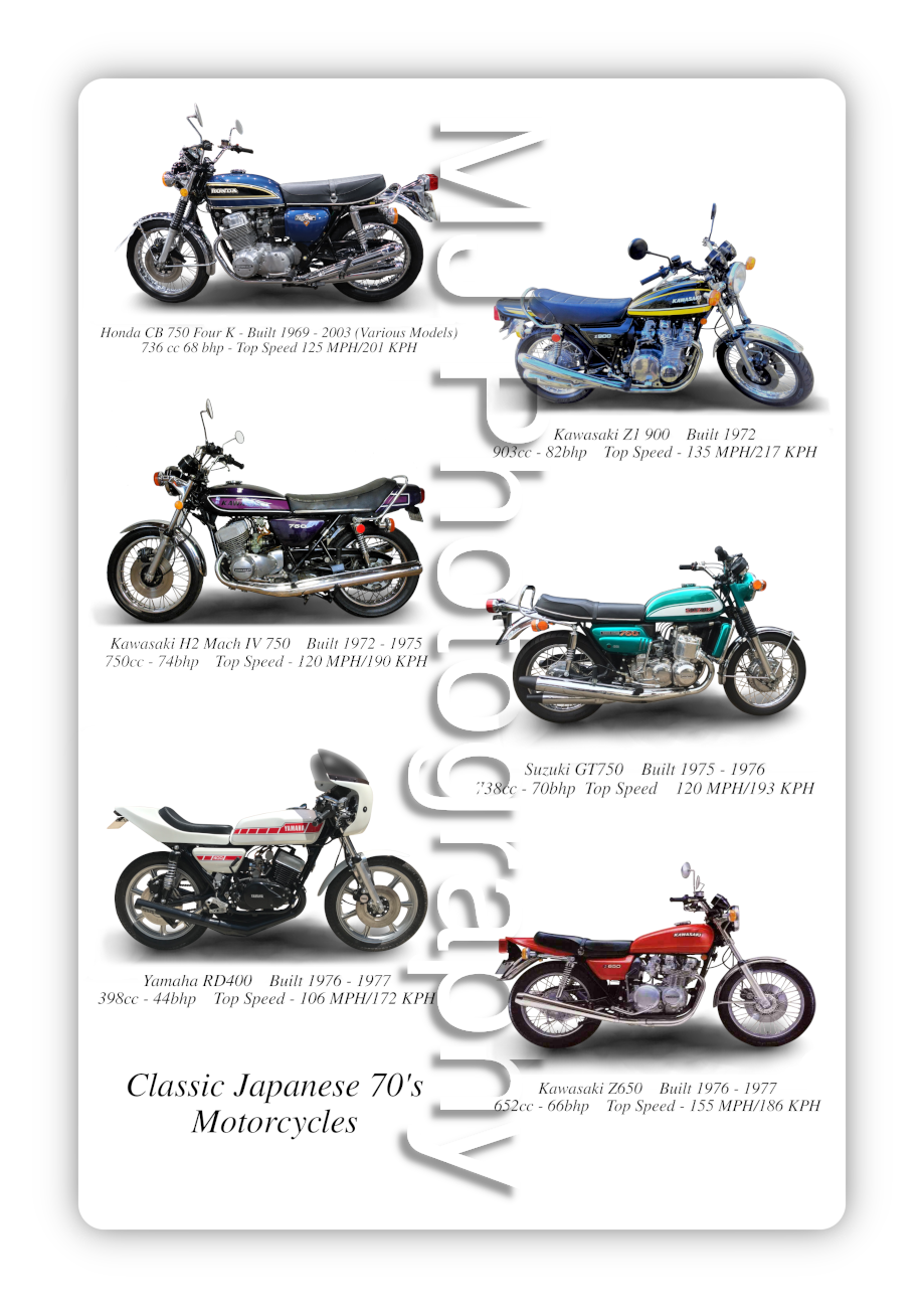 Classic 70's Japanese Motorcycles Compilation A3/A4 Size Print Poster on Photographic Paper