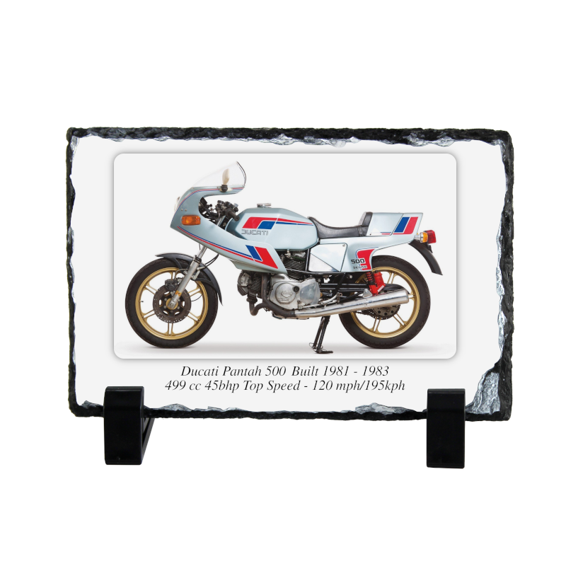 Ducati Pantah 500 Motorcycle on a Natural slate rock with stand 10x15cm