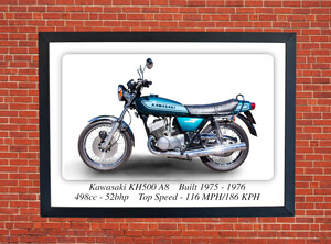 Kawasaki KH500 A8 Blue Motorcycle - A3/A4 Size Print Poster