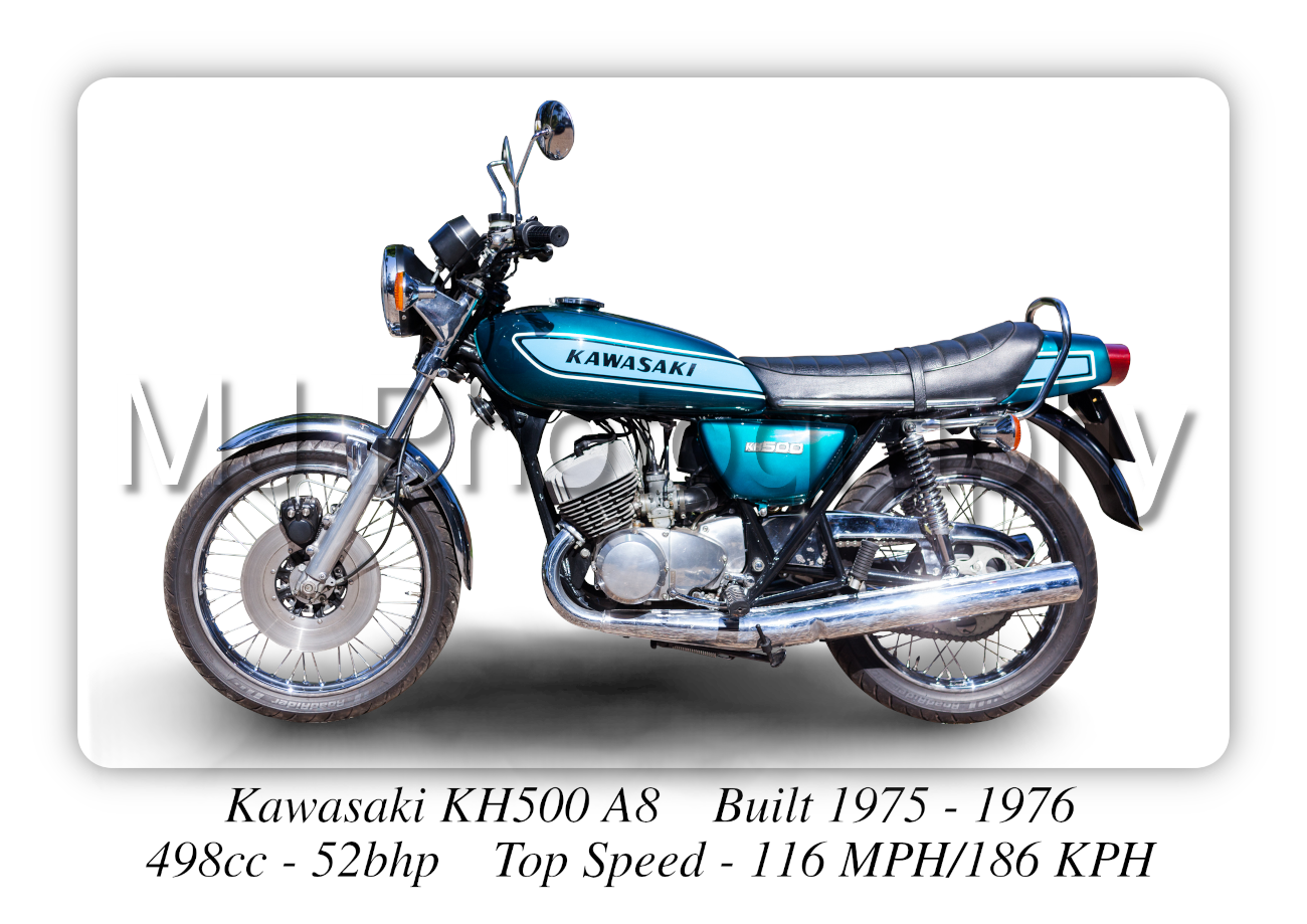 Kawasaki KH500 A8 Blue Motorcycle - A3/A4 Size Print Poster