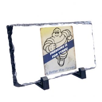 Michelin Man - Coaster natural slate rock with stand 10x15cm - Pressure is for Tyres