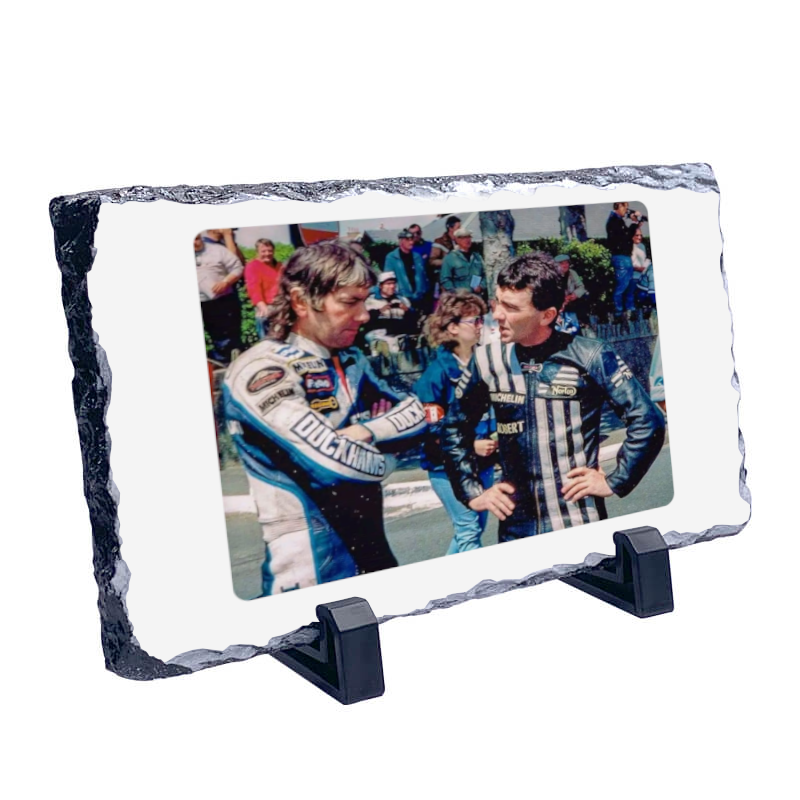 Joey and Robert Dunlop - Isle of Man TT Motorcycle Coaster Natural slate rock with stand 10x15cm