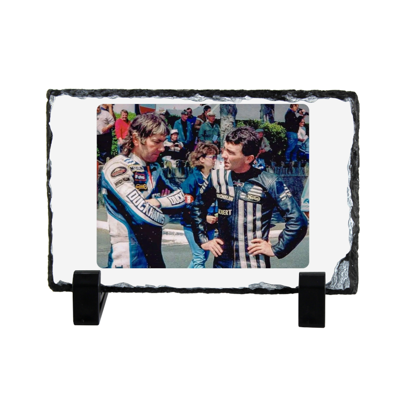 Joey and Robert Dunlop - Isle of Man TT Motorcycle Coaster Natural slate rock with stand 10x15cm