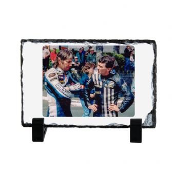 Joey and Robert Dunlop - Isle of Man TT Motorcycle Coaster Natural slate rock with stand 10x15cm