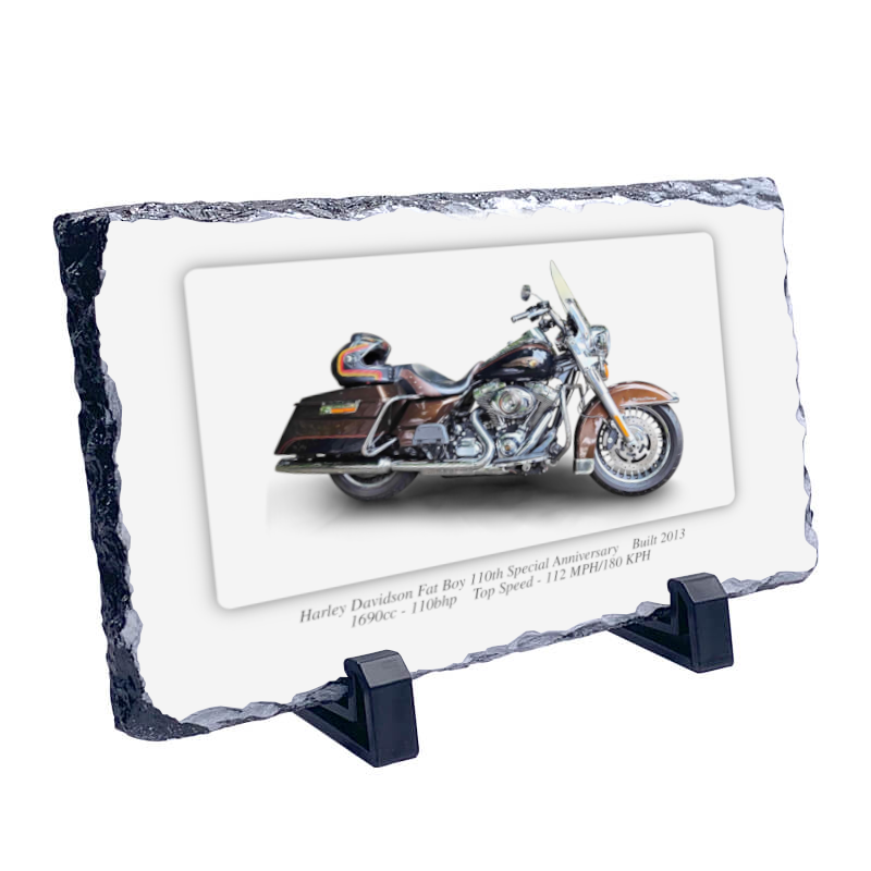 Harley Davidson Fat Boy 110th Special Anniversary Motorbike Coaster natural slate rock with stand 10x15cm