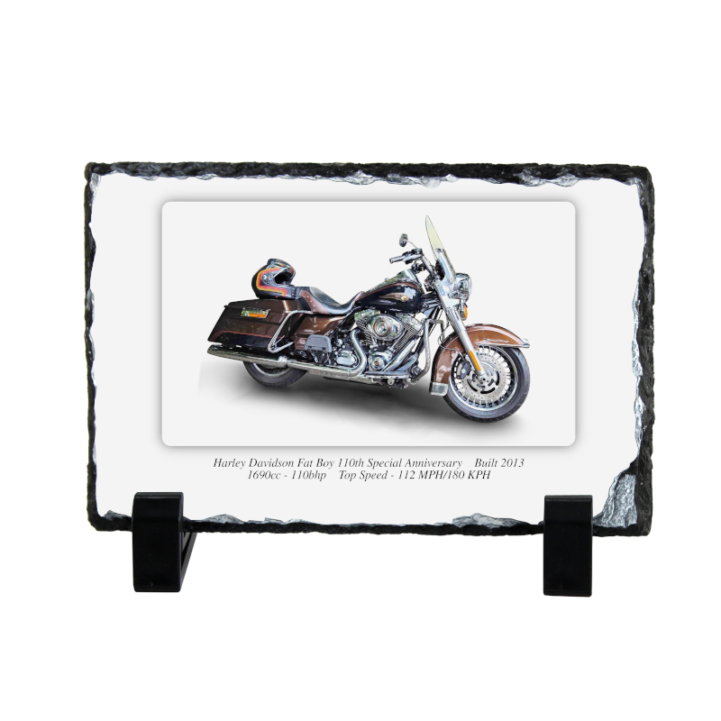 Harley Davidson Fat Boy 110th Special Anniversary Motorbike Coaster natural slate rock with stand 10x15cm