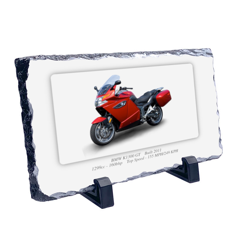 BMW K1300 GT Motorcycle on a Natural slate rock with stand 10x15cm