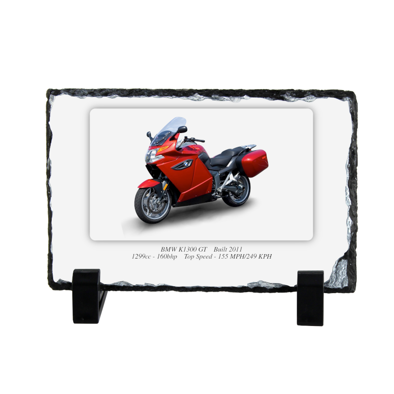 BMW K1300 GT Motorcycle on a Natural slate rock with stand 10x15cm