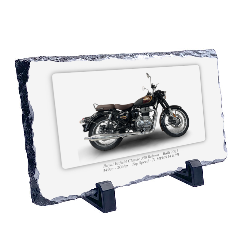 Royal Enfield Classic 350 Reborn Motorcycle on a Natural slate rock with stand 10x15cm