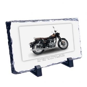 Royal Enfield Classic 350 Reborn Motorcycle on a Natural slate rock with stand 10x15cm