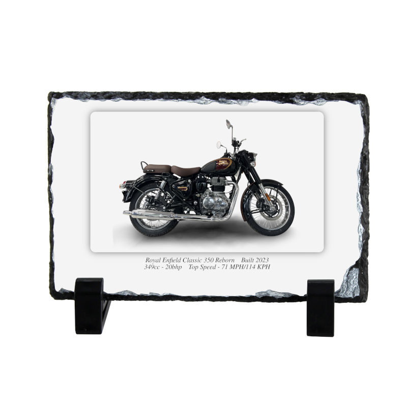 Royal Enfield Classic 350 Reborn Motorcycle on a Natural slate rock with stand 10x15cm