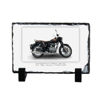 Royal Enfield Classic 350 Reborn Motorcycle on a Natural slate rock with stand 10x15cm