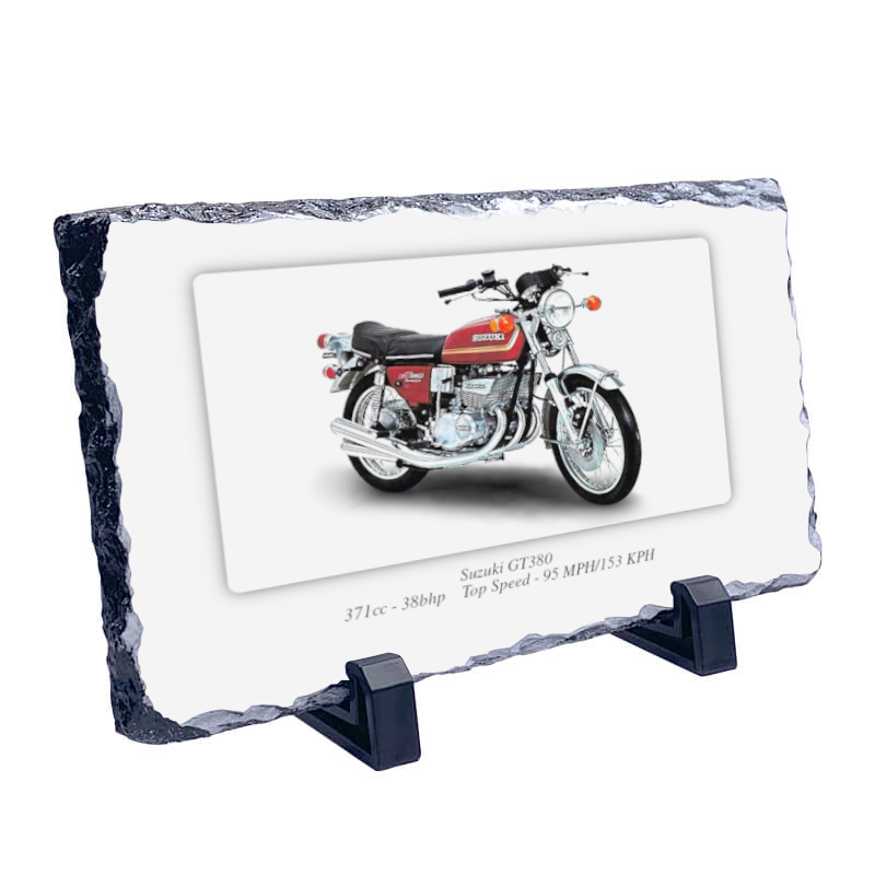 Suzuki GT380 Motorcycle on a Natural slate rock with stand 10x15cm