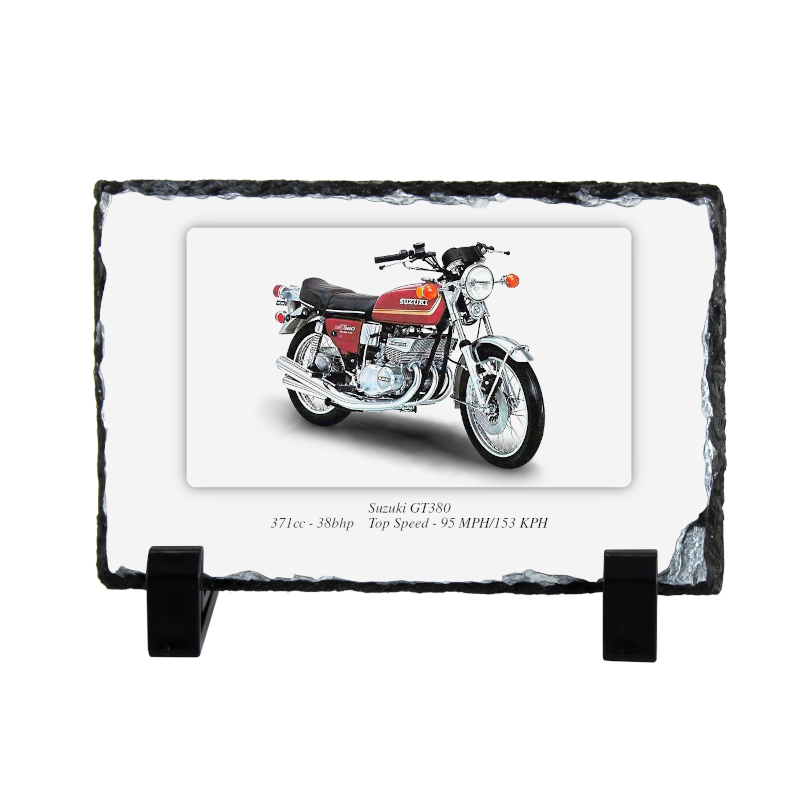 Suzuki GT380 Motorcycle on a Natural slate rock with stand 10x15cm