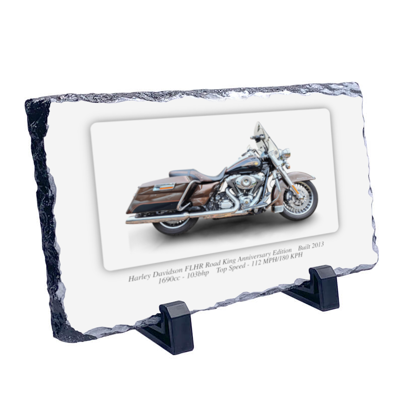 Harley Davidson FLHR Road King Anniversary Edition Motorcycle on a Natural slate rock with stand 10x15cm