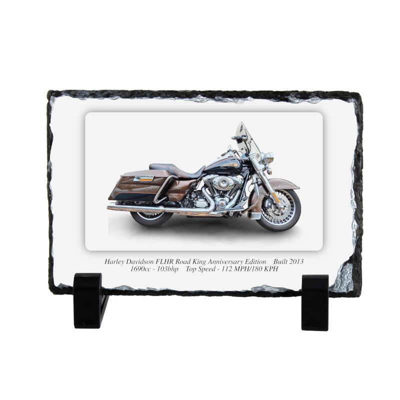 Harley Davidson FLHR Road King Anniversary Edition Motorcycle on a Natural slate rock with stand 10x15cm