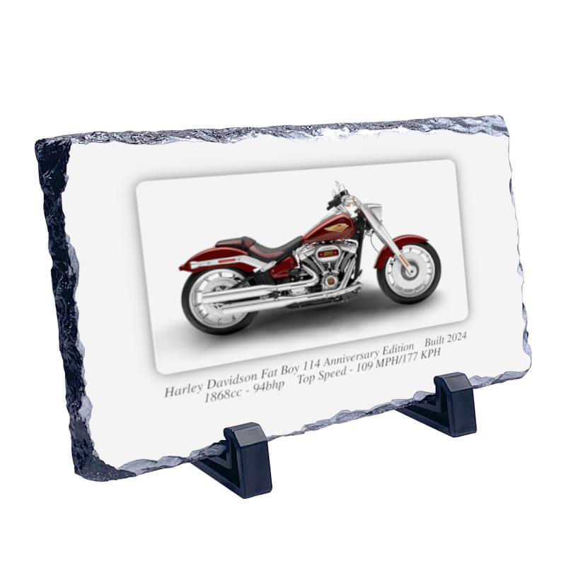 Harley Davidson Fat Boy 114 Anniversary Edition Motorcycle Coaster natural slate rock with stand 10x15cm