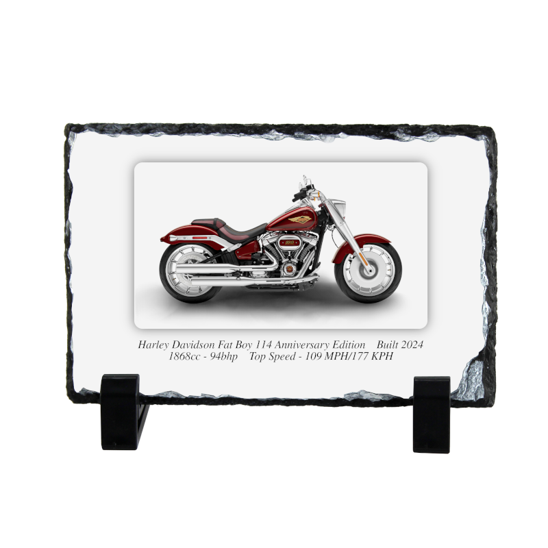 Harley Davidson Fat Boy 114 Anniversary Edition Motorcycle Coaster natural slate rock with stand 10x15cm