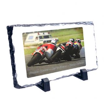 Freddie Spencer – Barry Sheene – Kenny Roberts Motorcycle Coaster Natural slate rock with stand 10x15cm