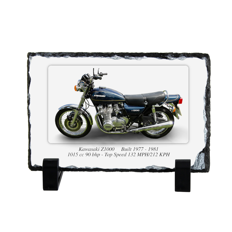 Kawasaki Z1000 Motorcycle on a Natural slate rock with stand 10x15cm