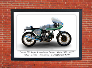 Ducati 750 Green Frame Super Sport Motorcycle - A3/A4 Size Print Poster
