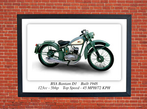 BSA Bantam D1 Motorcycle - A3 Size Print Poster