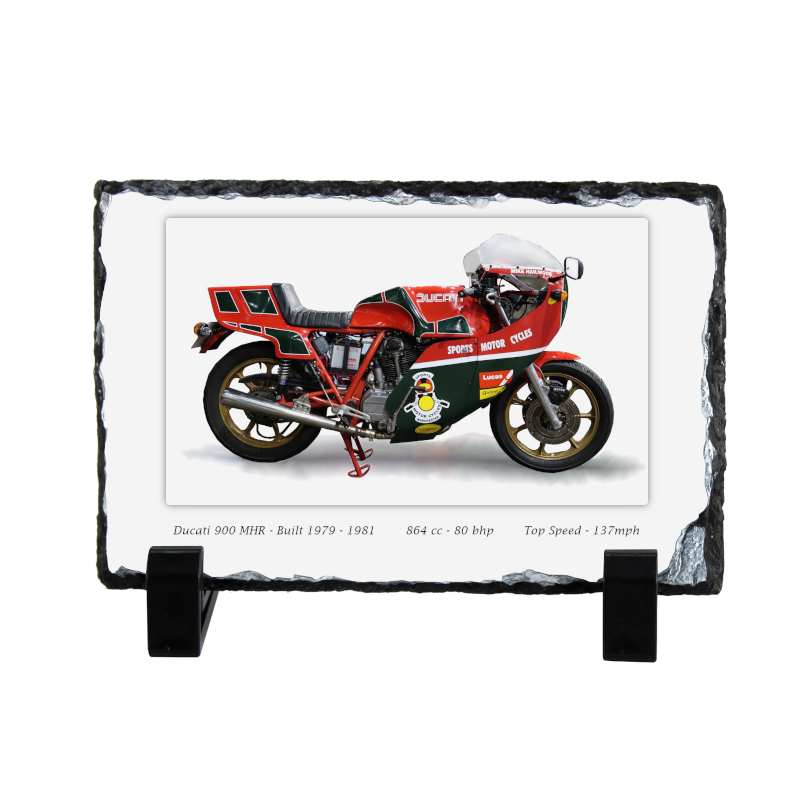 Ducati 900 MHR Motorcycle on a Natural slate rock with stand 10x15cm