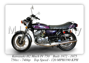 Kawasaki H2 Mach IV 750 Motorcycle - A3/A4 Size Print Poster