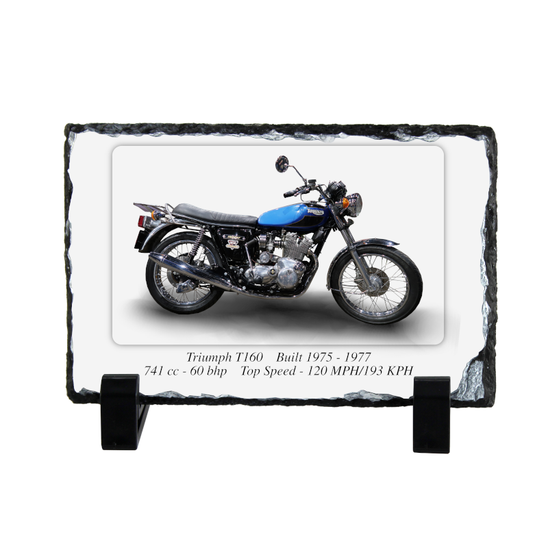 Triumph T160 Motorcycle on a Natural slate rock with stand 10x15cm