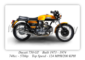 Ducati 750 GT 1973 Motorcycle - A3/A4 Size Print Poster