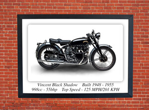 Vincent Black Shadow Motorcycle - A3 Size Print Poster