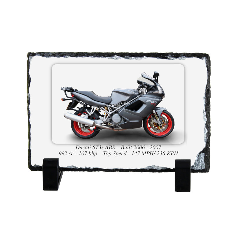 Ducati ST3s ABS Motorcycle on a Natural slate rock with stand 10x15cm