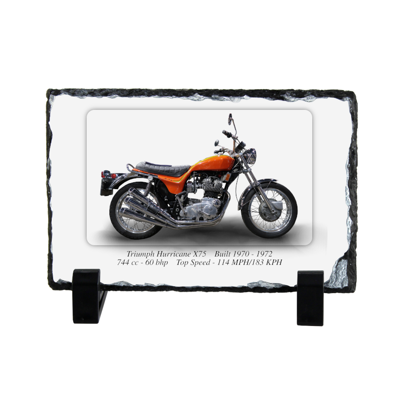 Triumph Hurricane X75 Motorcycle on a Natural slate rock with stand 10x15cm