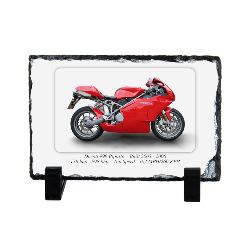 Ducati 999 Biposto Motorcycle on a Natural slate rock with stand 10x15cm