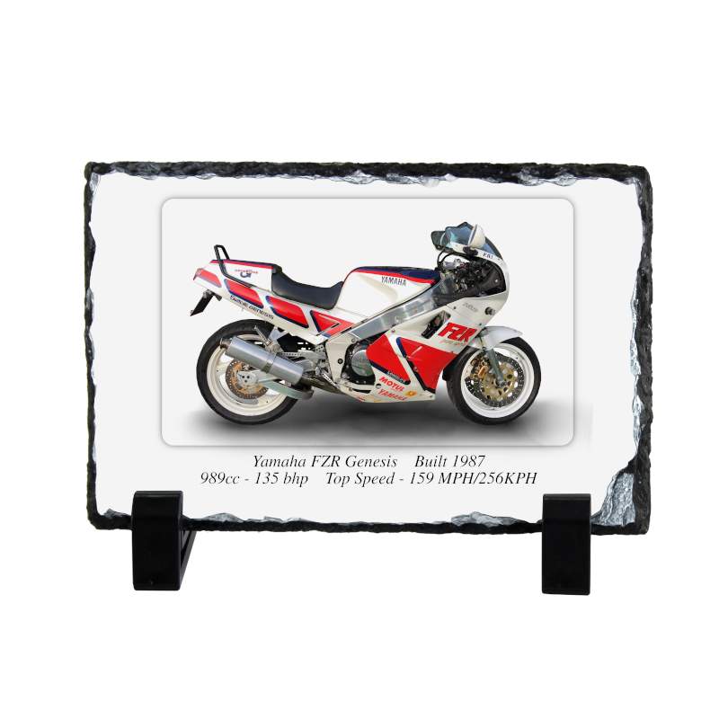 Yamaha FZR Genesis Motorcycle on a Natural slate rock with stand 10x15cm