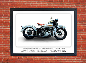 Harley Davidson EL Knucklehead Motorcycle - A3 Size Print Poster
