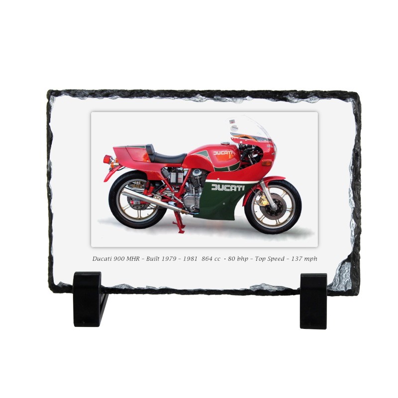 Ducati 900 MHR Motorcycle on a Natural slate rock with stand 10x15cm