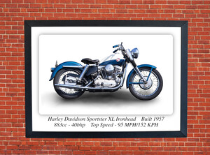 Harley Davidson Sportster XL Ironhead Motorcycle - A3 Size Print Poster