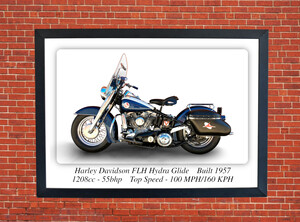 Harley Davidson FLH Hydra Glide 1957 Motorcycle - A3 Size Print Poster