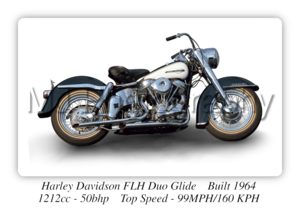 Harley Davidson FLH Duo Glide 1964 Motorcycle - A3 Size Print Poster