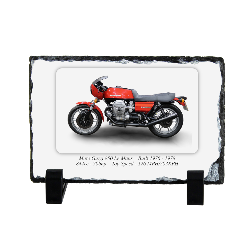 Moto Guzzi 850 Le Mans Motorcycle on a Natural slate rock with stand 10x15cm