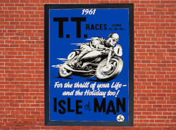 TT Races Isle of Man Promotional Motorcycle Poster - Blue, Size A3/A4