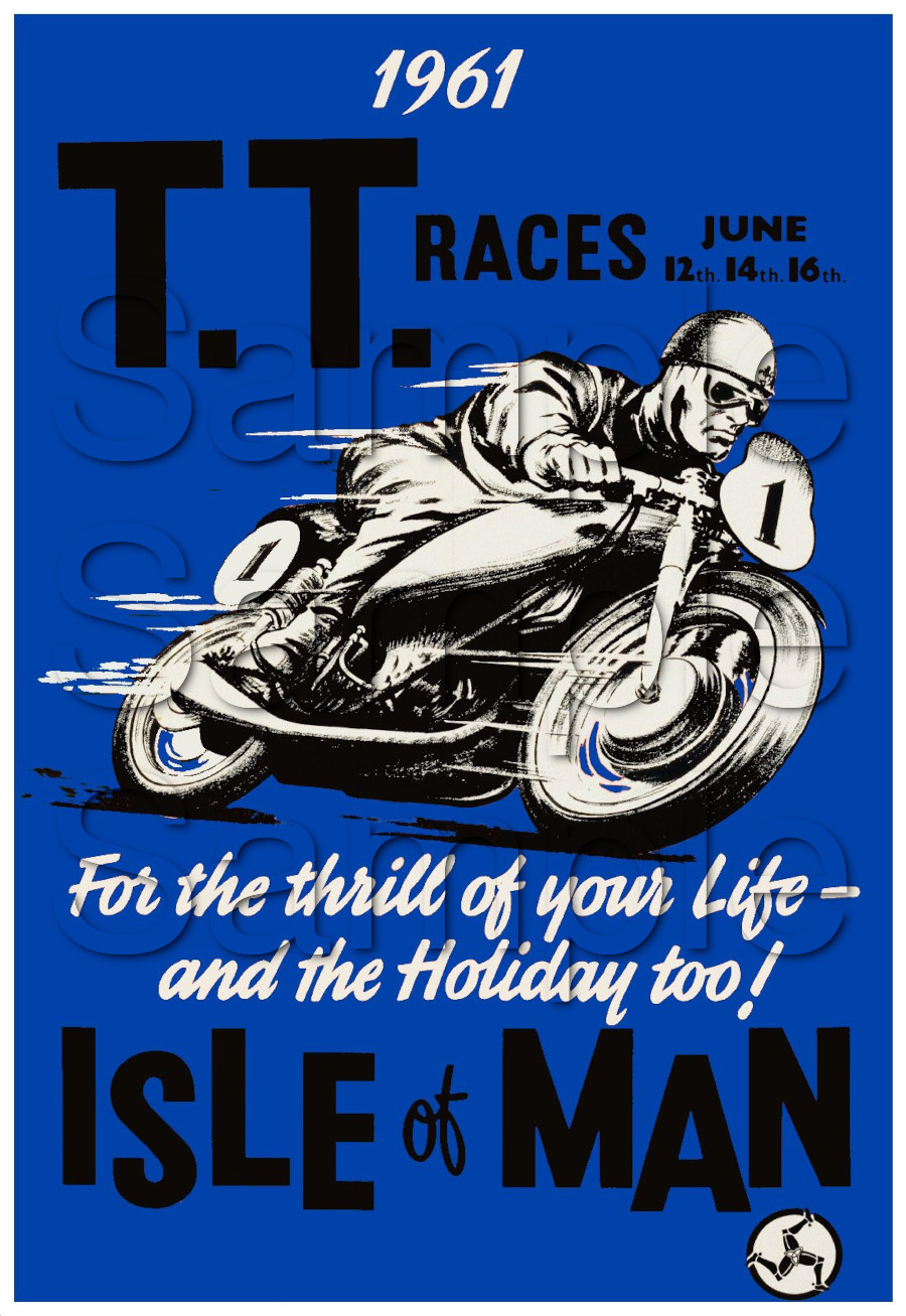 TT Races Isle of Man Promotional Motorcycle Poster - Blue, Size A3/A4