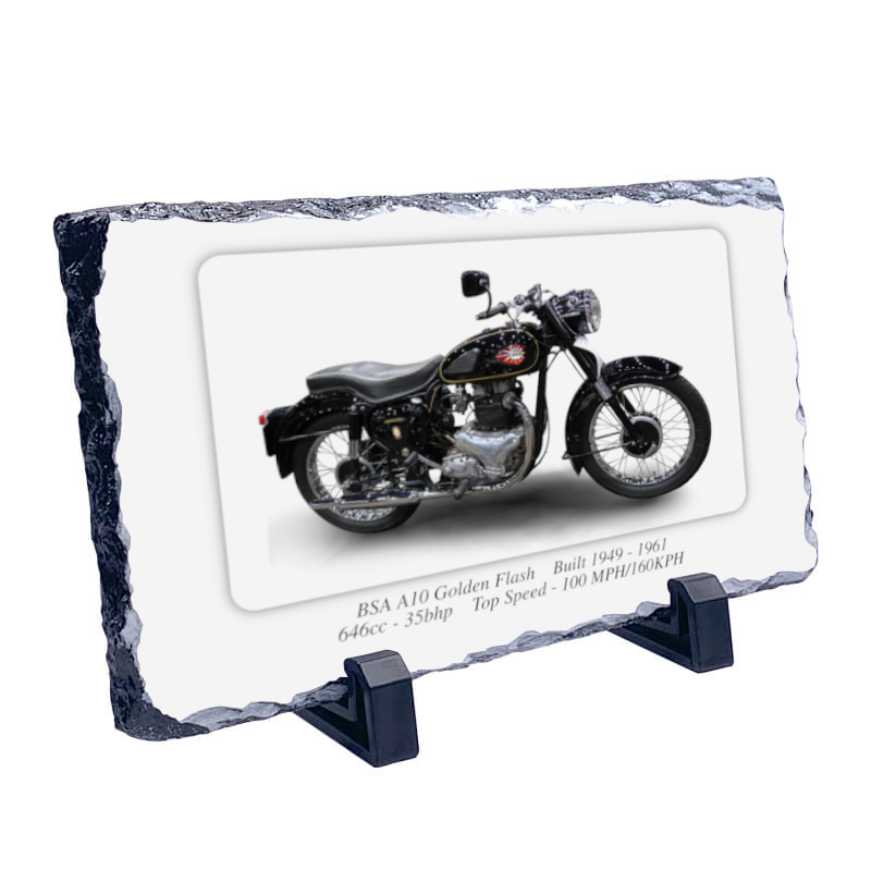 BSA A10 Golden Flash Motorcycle on a Natural slate rock with stand 10x15cm