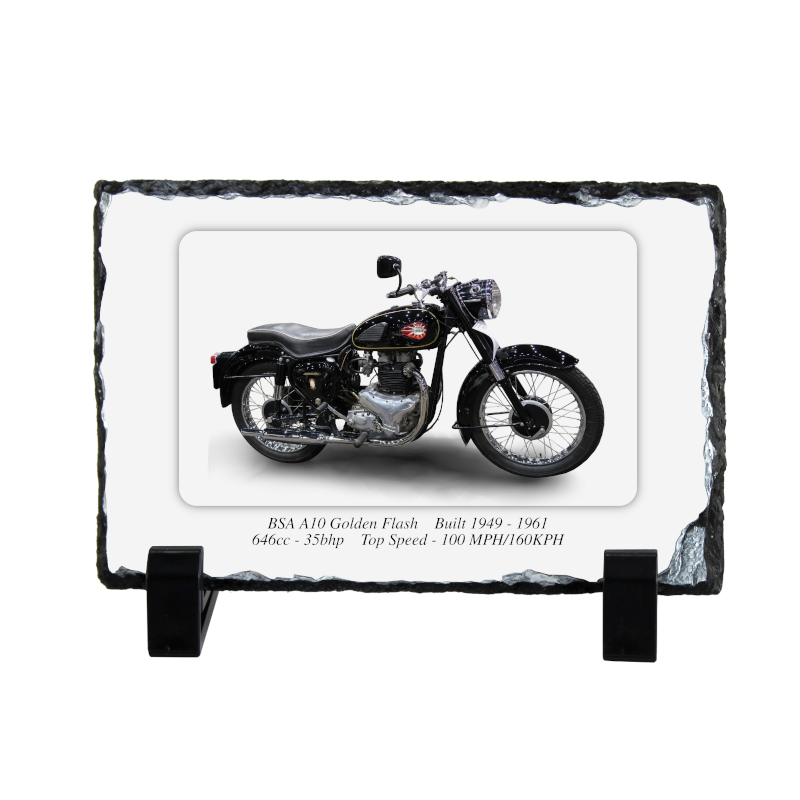 BSA A10 Golden Flash Motorcycle on a Natural slate rock with stand 10x15cm