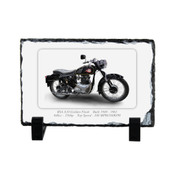 BSA A10 Golden Flash Motorcycle on a Natural slate rock with stand 10x15cm