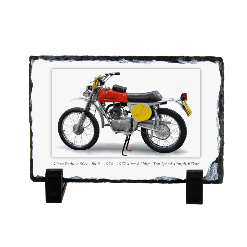 Gilera Enduro Motorcycle on a Natural slate rock with stand 10x15cm