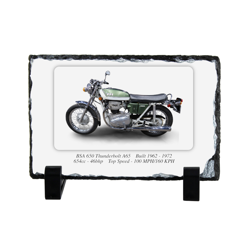 BSA 650 Thunderbolt A65 Motorcycle on a Natural slate rock with stand 10x15cm