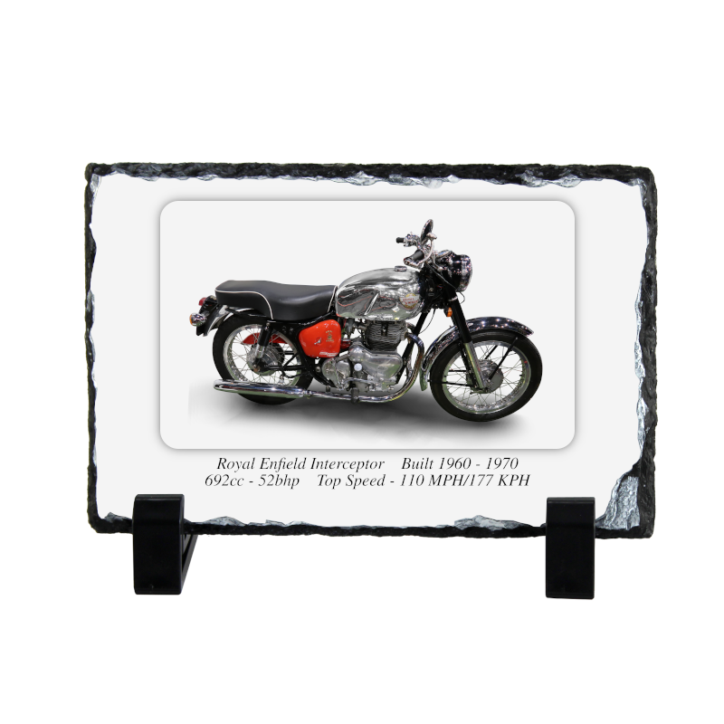 Royal Enfield Interceptor Motorcycle on a Natural slate rock with stand 10x15cm