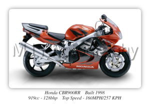 Honda CBR900RR Fireblade 1998 Motorcycle - A3/A4 Size Print Poster